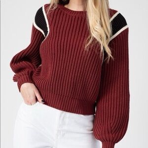 Frame Ribbed Heavy Chunky Knit Cropped Balloon Sleeve Calvary Crewneck Red XL